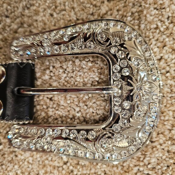 FULL OF BLING! Black Genuine Leather Belt - Medium, Like New